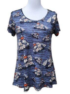Lularoe Short Sleeve Classic T-Shirt NWT Ship Print Blue Ocean Nautical